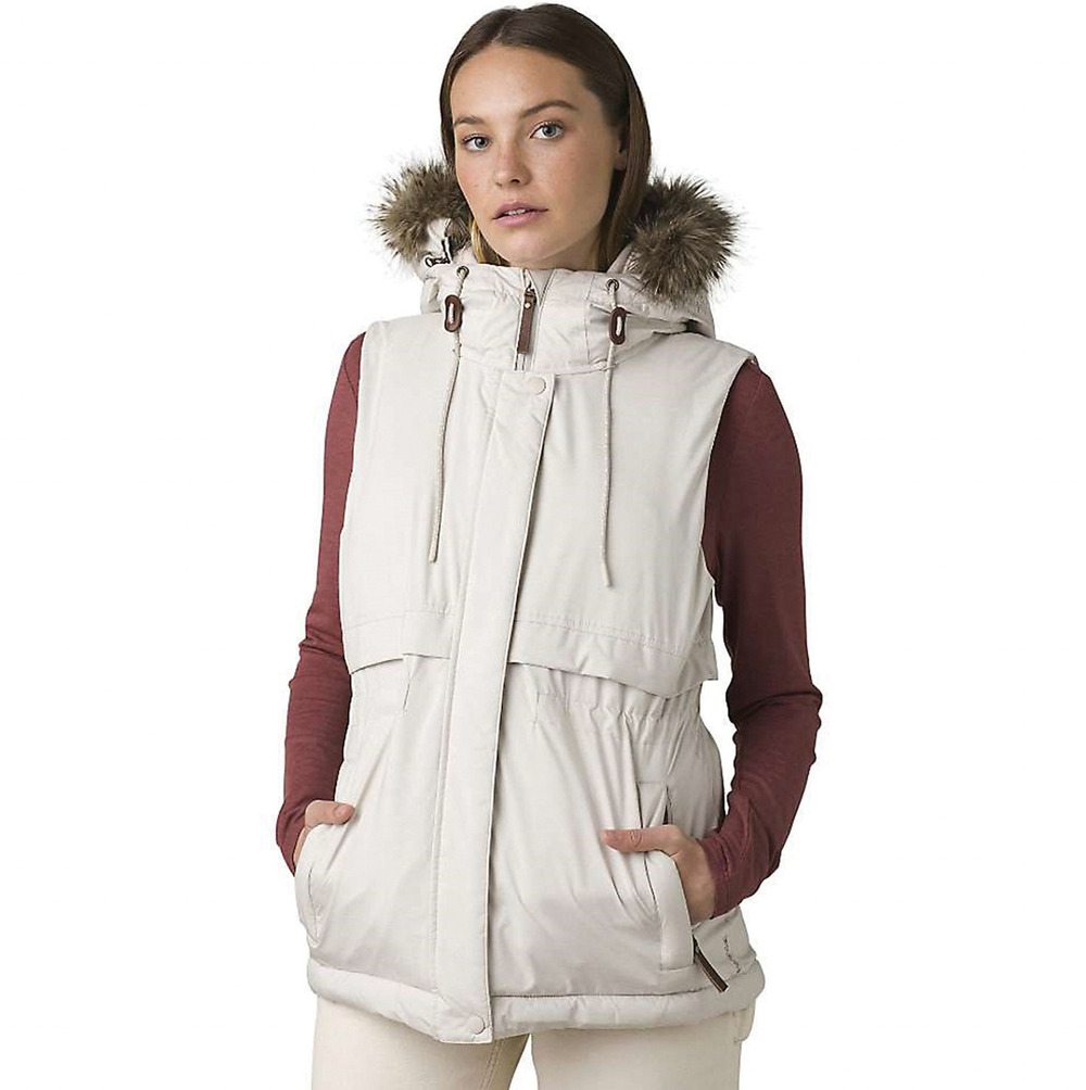 Prana Womens Banajaara Down Vest XS Cream Puffer Hooded Faux Fur NWT $250